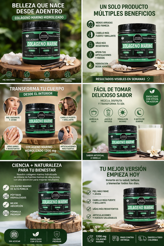 Colágeno Marino Hidrolizado 1200 mg | Piel, Cabello, Uñas y Articulaciones + Antiedad Natural. ENVÍO GRATIS