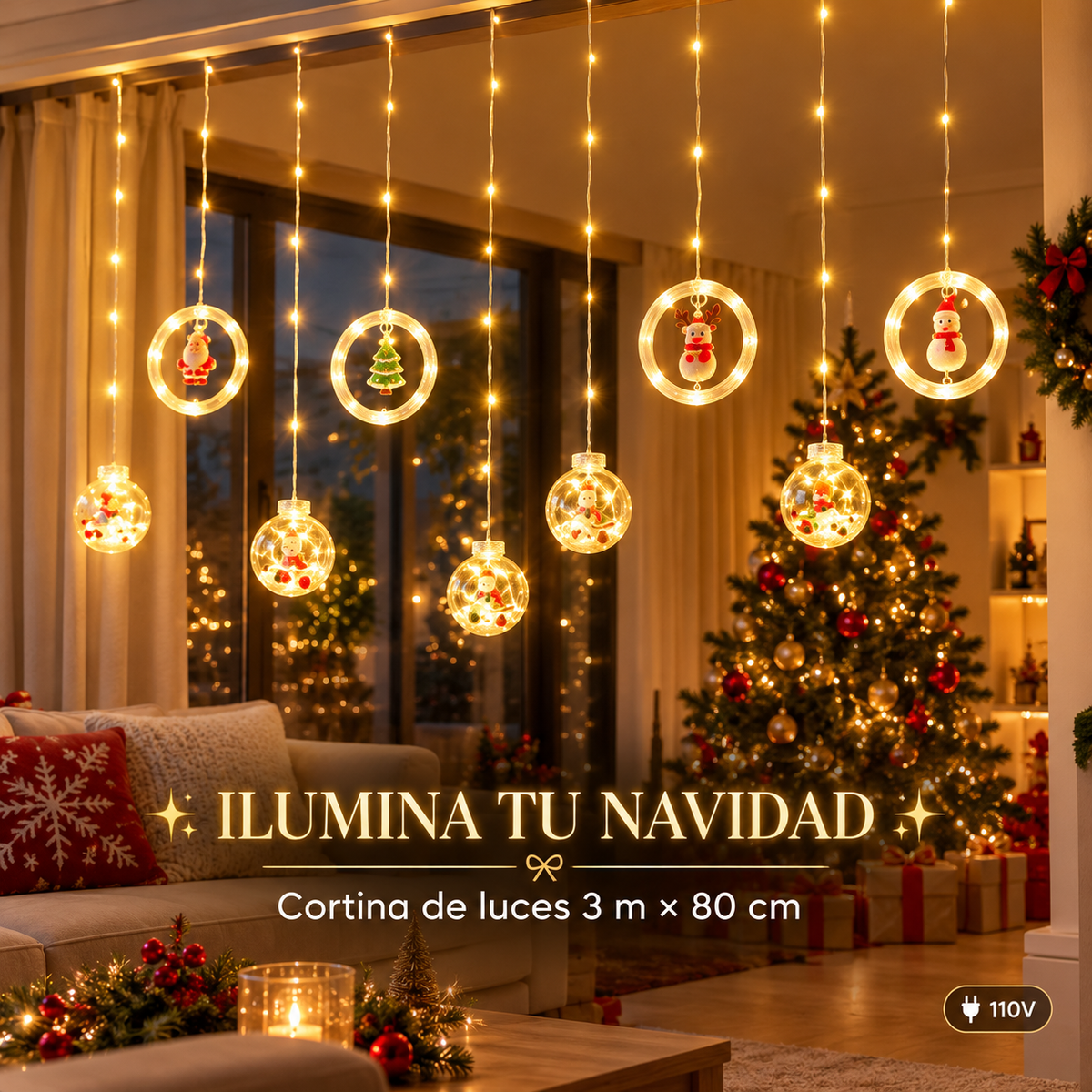 Luces Cortina de Navidad Aritos y Bolas. ENVÍO GRATIS