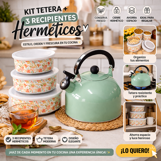 KIT TETERA + 3 RECIPIENTES HERMETICOS.  ENVÍO GRATIS