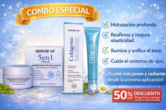Combo Facial Hidratante y Reafirmante 5 en 1 + Contorno de Ojos con Colágeno | Anti Edad, Hidratación y Glow. ENVÍO GRATIS