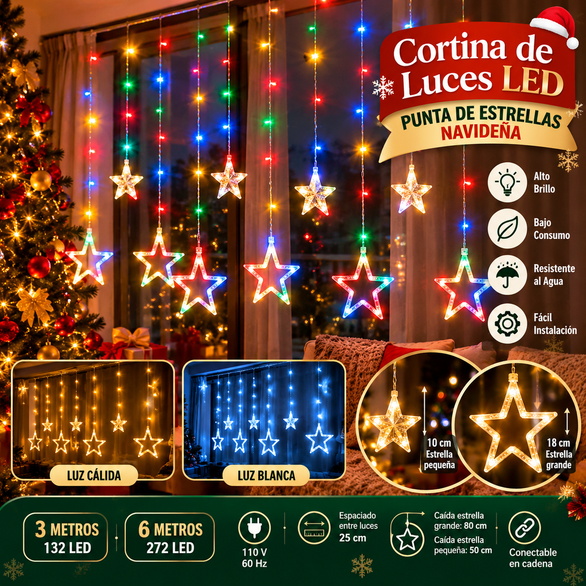 Cortina Punta Estrella Led 3 y 6 M.   ENVÍO GRATIS