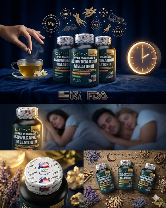 Magnesio + Ashwagandha + Melatonina 1000mg | Reduce Estrés, Mejora el Sueño y Relajación Natural | x 3 Unidades de 100 Cápsulas C/U. ENVÍO GRATIS