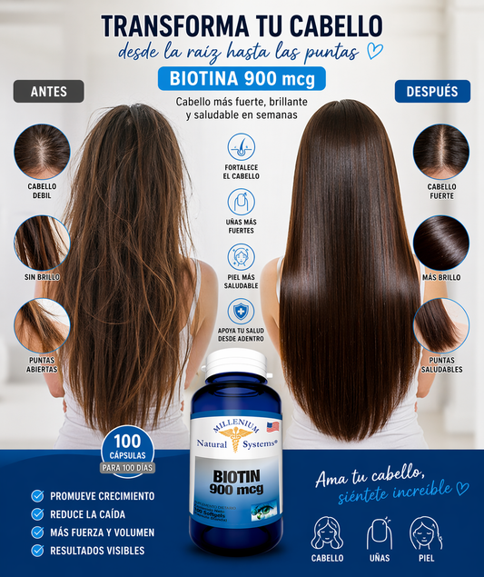 Biotina 900 mcg Millennium Natural Systems | Cabello, Piel y Uñas | 100 Cápsulas. ENVÍO GRATIS