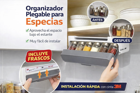 Organizador de Especias Deslizable para Cocina | Ahorra Espacio con Cajón Oculto + 7 Frascos Incluidos. ENVÍO GRATIS