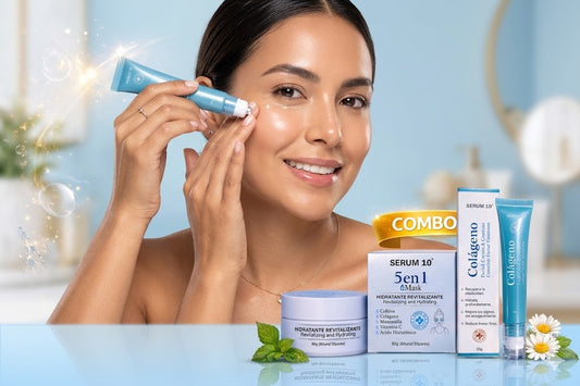 Combo Facial Hidratante y Reafirmante 5 en 1 + Contorno de Ojos con Colágeno | Anti Edad, Hidratación y Glow. ENVÍO GRATIS