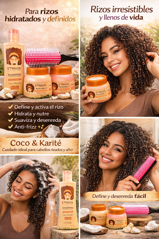 Kit Hidratación y Crecimiento Capilar Etniker | Shampoo + Mascarilla + Gel Definidor + Tratamiento para Rizos. ENVÍO GRATIS